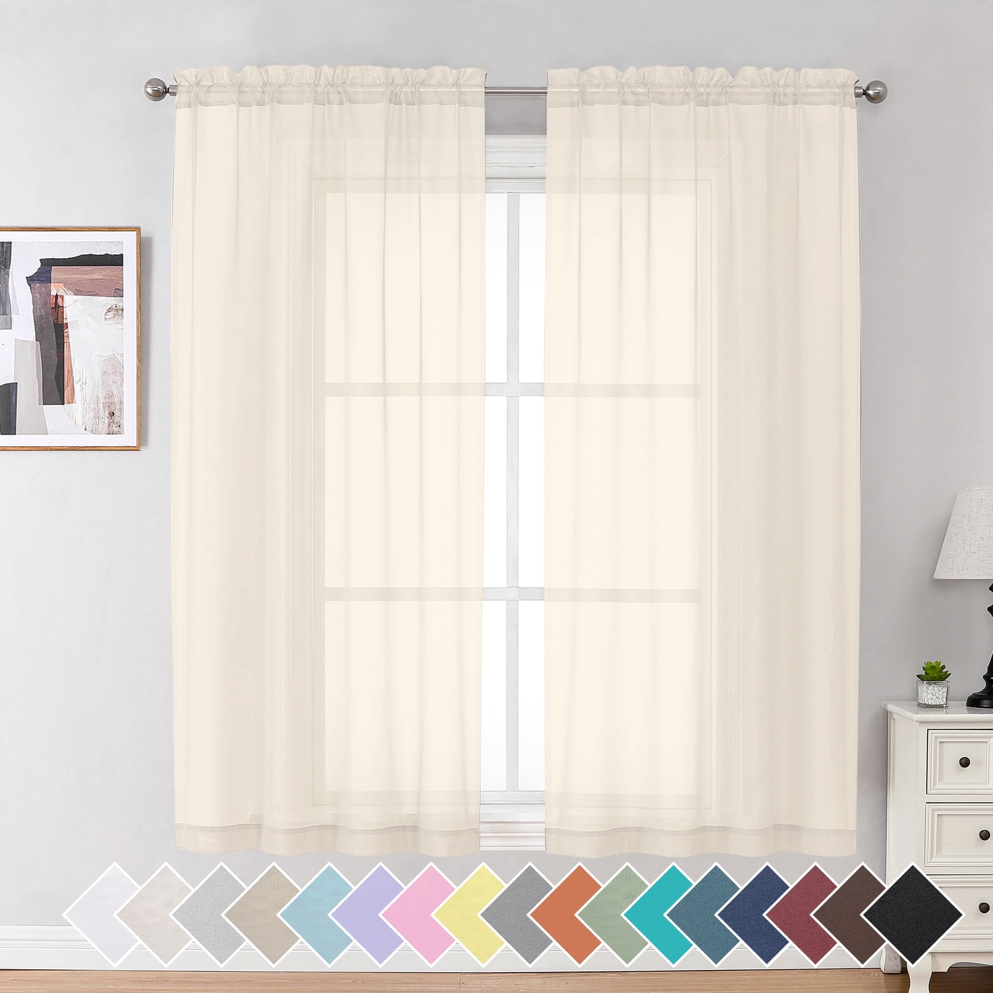 OVZME Cream Sheer Curtains 63 inch Length 2 Panels Set, Semi Transparent Voile Rod Pocket Sheer ...