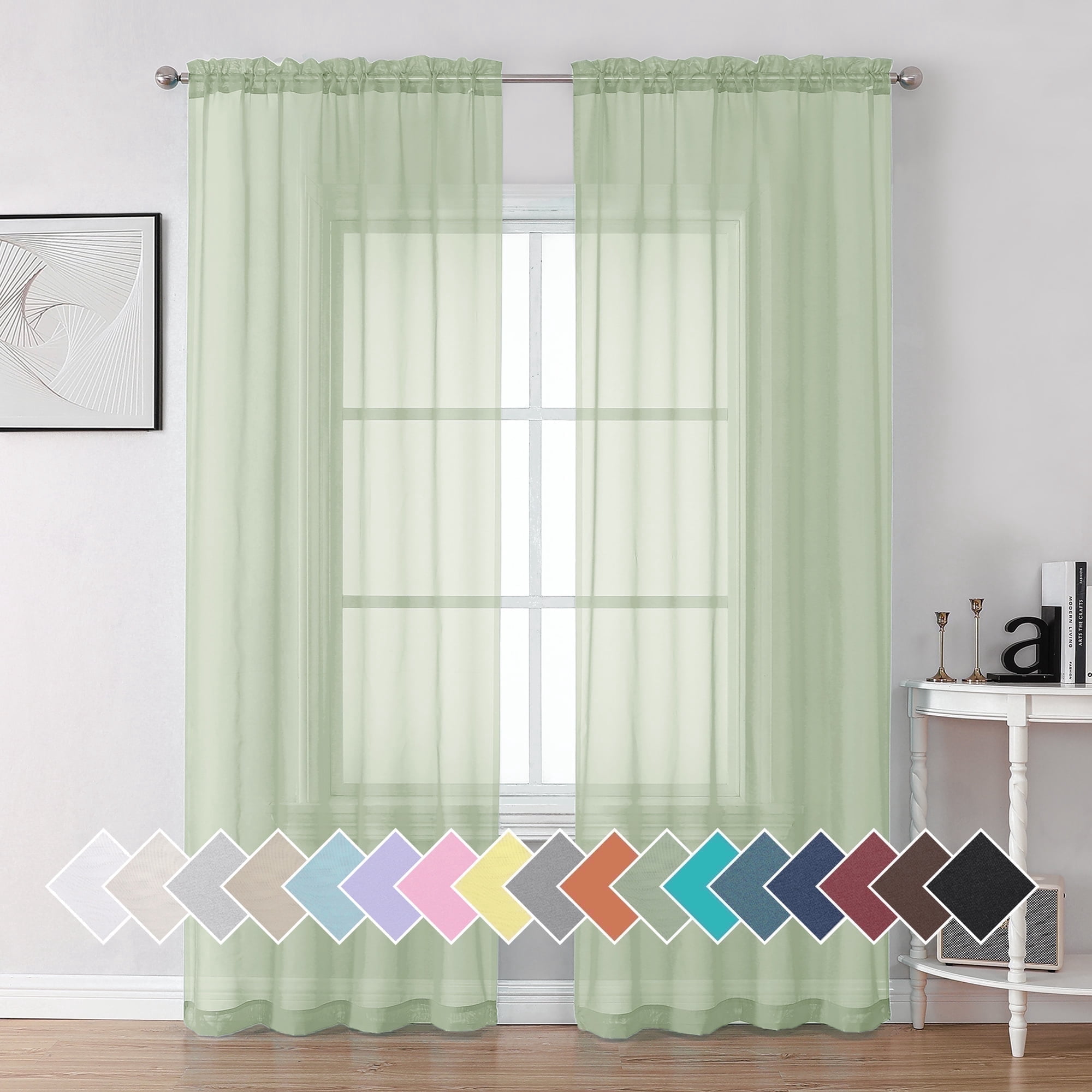 OVZME, Light Green Sheer Curtains, 42W x 84L inch, 2 Panels Set