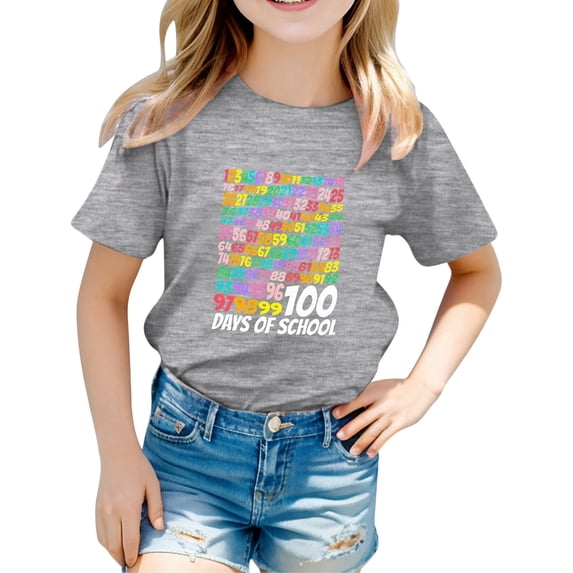 WMQPNNS 100 Days of School Shirt Unisex Kids Girls Short Sleeve Tops Size 5 Short Sleeve Crewneck Casual Tops Cute Graphic Tees Toddler Kids Outfits(Size 12-13 Years,Grey)