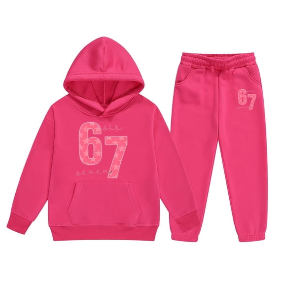 WMQPNNS 2 Piece Sets for Girls 10-12, 2 Piece Sets for Girls Printed Hoodie and Soft Sweatpants Casual Outfit Set 2Pcs Fall Winter Outfits, for Age 10-11 Years, Hot Pink