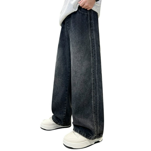 WMQPNNS Boy's Baggy Jeans Pants for Boys Size 7 Elastic Waist Pull On Denim Pants Classic Straight Wide Leg Jeans for Kids Casual Y2K Streetwear(Size 5-6 Years, Black-4)