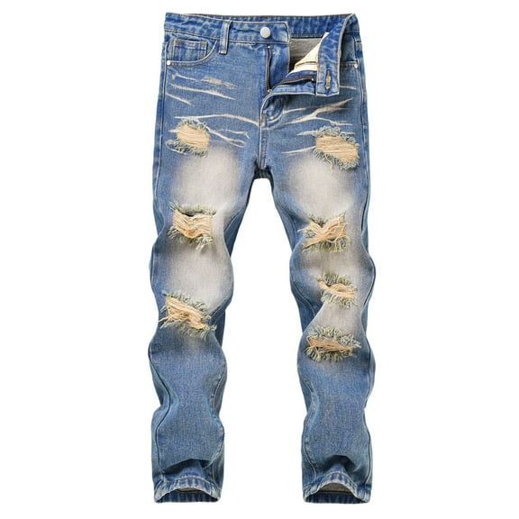 WMQPNNS Boy's Ripped Jeans Straight Fit Pants Boys Baggy Jeans 10-12 Distressed Fashion Denim Pants Stretch Fashion Jeans Pants Casual Streetwear(Size 9-10 Years, K-Light Blue)