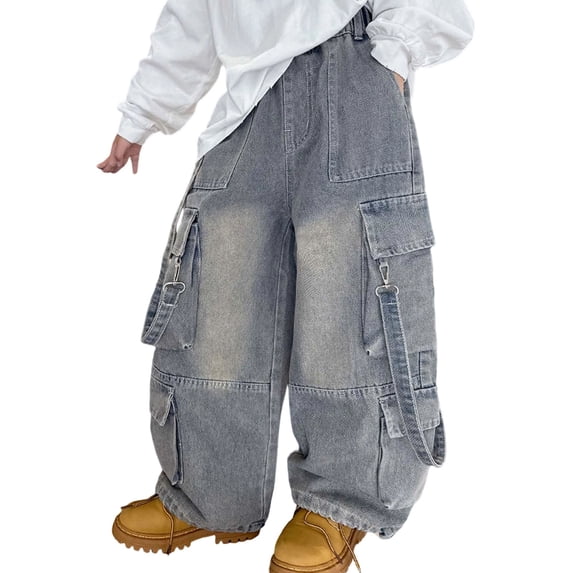 WMQPNNS Boy's Wide Leg Jeans with Multi-Pocket and Elastic Waist Boys Cargo Pants Size 8 Baggy Cargo Denim Pants Streetwear, Size 15-16 Years,2-Blue