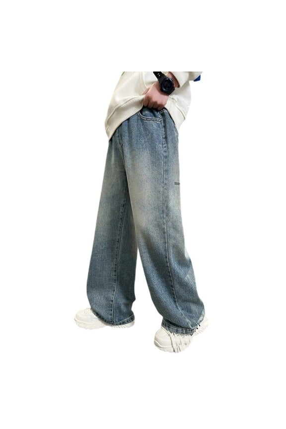 Boys Cargo Jeans Casual Wide Leg Baggy Denim Pants Boys Pants 5t Elastic Waist Loose Trousers with Pockets, Size 7-8 Years,4-Blue