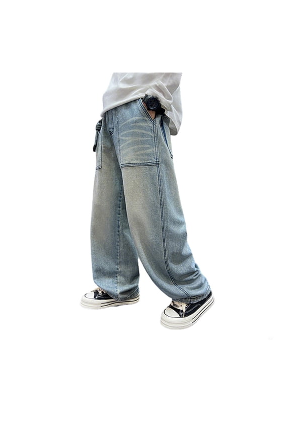 Boys Cargo Jeans Casual Wide Leg Baggy Denim Pants Jeans for Boys Size 6 Elastic Waist Loose Trousers with Pockets, Size 3-4 Years,3-Blue
