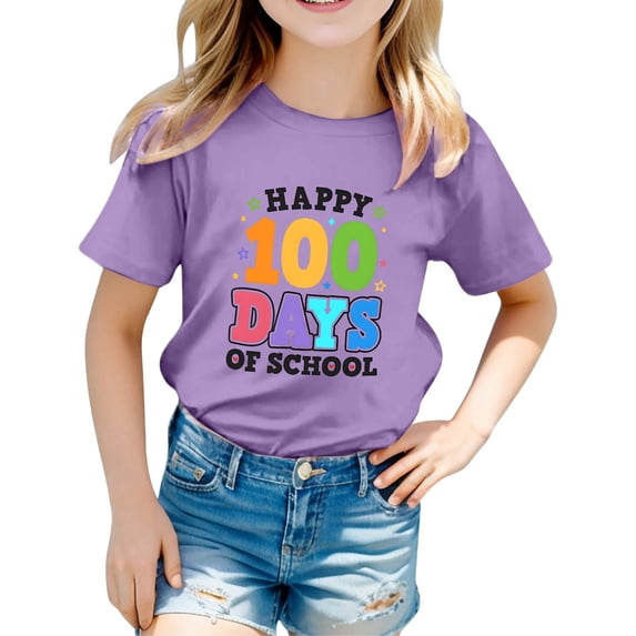 WMQPNNS Boys Girls 100 Days of School Shirt Girls Clothes 4t Summer Casual Short Sleeve Tops Classic Crewneck Graphic Tees Kids Outfits(Size 10-11 Years,Purple)