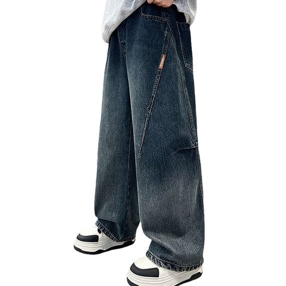 WMQPNNS Boys Jeans Kids Fashion Boys Cargo Pants Size 18 Baggy Elastic Waist Straight Leg Skater Denim Pants Casual Loose Streetwear with Pockets(D-Blue, Size 9-10 Years)