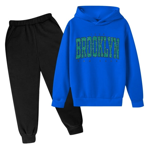 WMQPNNS Boys Sweatsuits Girls Tracksuit Set Size 10-12 Printed Hooded Sweatshirt and Baggy Joggers Casual Outfit Set Casual Outfits Set(Size 7-8 Years, Blue)