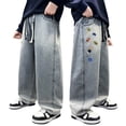 thumbnail image 1 of WMQPNNS Boys Wide Leg Jeans Streetwear Baggy Denim Pants Boys Jeans Size 10 Casual Elastic Waist Trousers with Pockets,Size 6-7 Years,5-Color A, 1 of 9