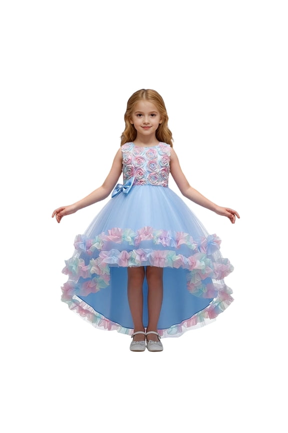 Flower Girl Dress Blue Dress for Age 5-6 Years Kids Ruffles Lace High Low Hem Party Wedding Dress Fairy Dress Prom Pageant Dress Gown Dresses