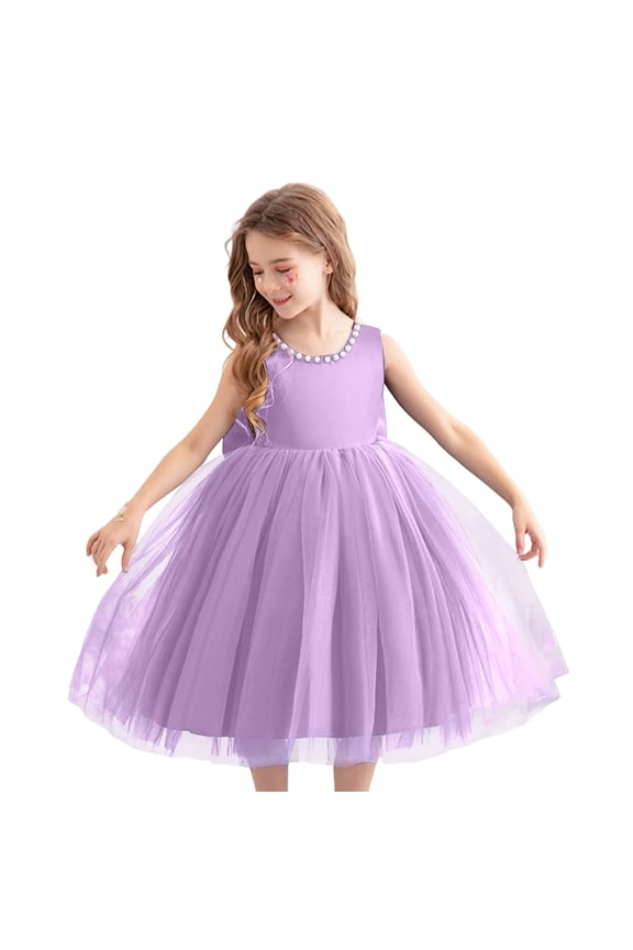 Flower Girl Dress Kids Satin Tulle Dresses for Wedding Guest Party Birthday Bridesmaid Pageant Prom Ball Gown for Age 6-7 Years, Purple