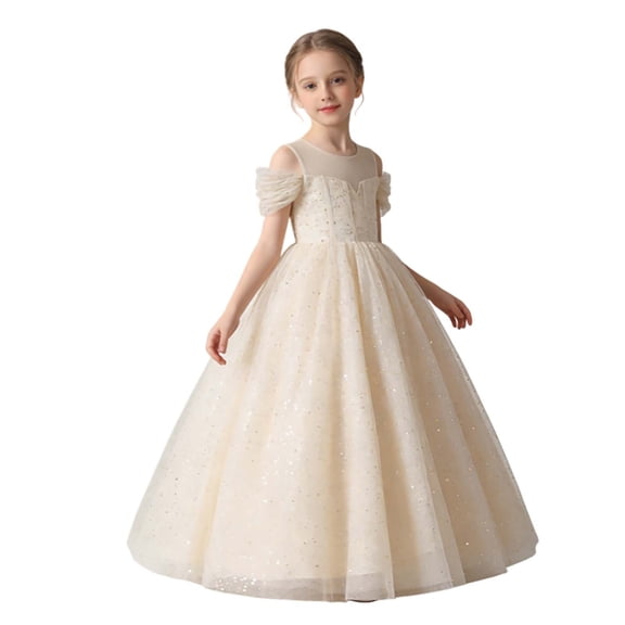 WMQPNNS Flower Girls Dress Sparkle Tutu Dress Girls Dresses Cold Shoulder Long A Line Wedding Party Ball Gown Girl Clothes, Dress for Age 9-10 Years, Gold