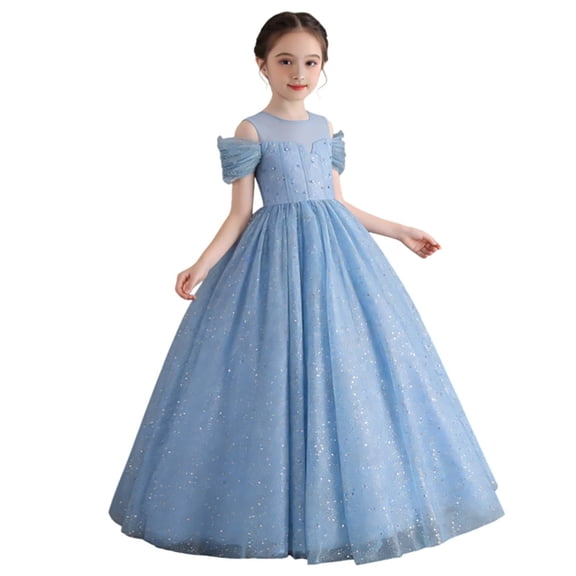 WMQPNNS Flower Girls Dress Sparkle Tutu Dress Girls Dresses Cold Shoulder Long A Line Wedding Party Ball Gown Girl Clothes, Dress for Age 9-10 Years, Light Blue