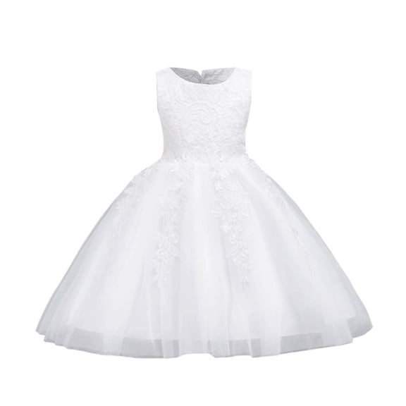 WMQPNNS Flower Girls Lace Bridesmaid Dress Kids Floral-Embroidered Wedding Prom Pageant Birthday Party Tutu Dresses, Dress for Age 7-8 Years, White