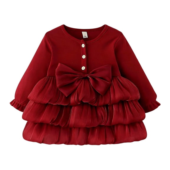 WMQPNNS Girl Bowknot Dress Flower Girl Dresses Girls 7-16 Holiday Toddler Girls Birthday Party Tulle Dress Ruffle Tiered Long Sleeve Tutu Dresses(Size 2-3 Years, Red-C)