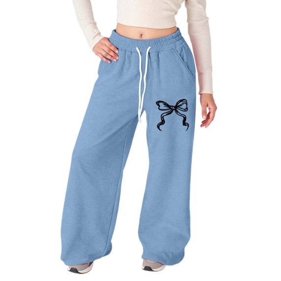 WMQPNNS Girl's Baggy Sweatpants Bowknot Straight Long Athletic Pants Girls Sweatpants Size 8 Printed Drawstring Track Pants with Pockets Kids Clothes, Size 11-12 Years, Sky Blue