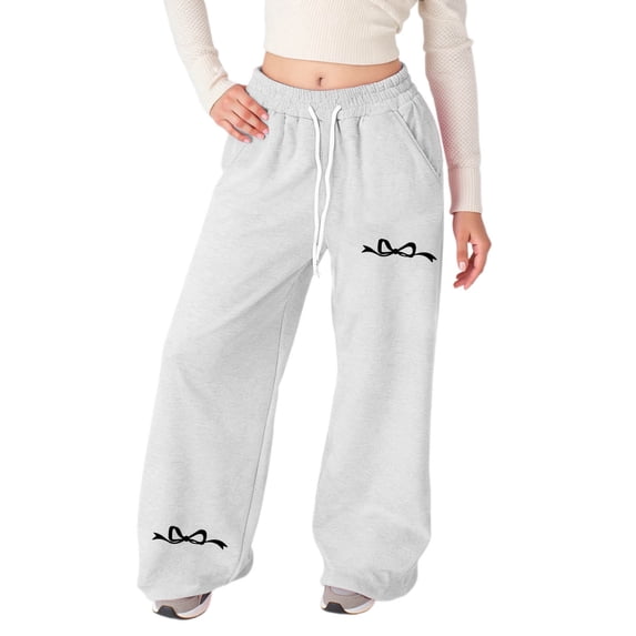 WMQPNNS Girl's Baggy Sweatpants Straight Long Trousers Girls Casual Pants Size 14-16 Printed Drawstring Athletic Pants with Pockets Kids Workout Clothes, Size 10-11 Years, White