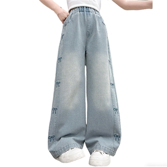 WMQPNNS Girl's Jeans High Waist Wide Leg Baggy Loose Denim Pants Casual Trousers with Floral Embroidery and Bow Kids Jeans, Size 3-4 Years, qu1-Blue