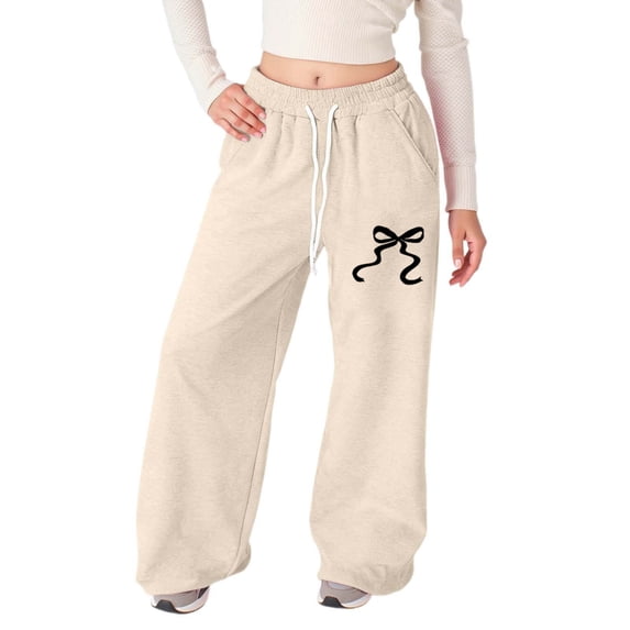 WMQPNNS Girl's Sweatpants Straight Loose Joggers Pants Sweatshirts for Girls 10 Bowknot Drawstring Athletic Pants with Pockets Clothes for Girls, Size 8-9 Years, Beige