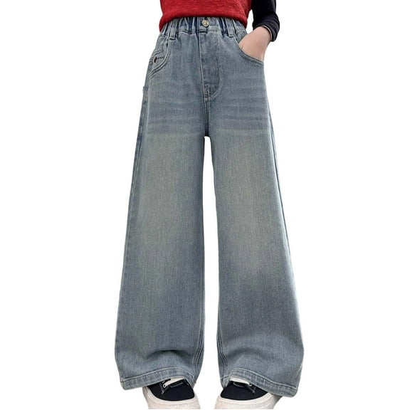 WMQPNNS Girls Baggy Jeans Wide Leg Pants with Pockets Girls Jeans Size 16 High Waist Denim Pants Straight Washed Streetwear Y2k Denim Trousers(Size 6-7 Years, B-Blue)