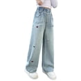 thumbnail image 1 of WMQPNNS Girls Denim Pants Wide Leg Jeans with Pockets, Girls Wide Leg Pants Size 14 Elastic Waist Cute Heart Print Baggy Denim Pants Girls Clothing(Size 7-8 Years, Sky Blue-3), 1 of 10