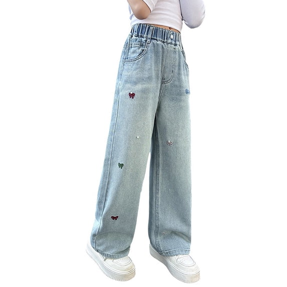 WMQPNNS Girls Denim Pants Wide Leg Jeans with Pockets, Girls Wide Leg Pants Size 14 Elastic Waist Cute Heart Print Baggy Denim Pants Girls Clothing(Size 7-8 Years, Sky Blue-3)