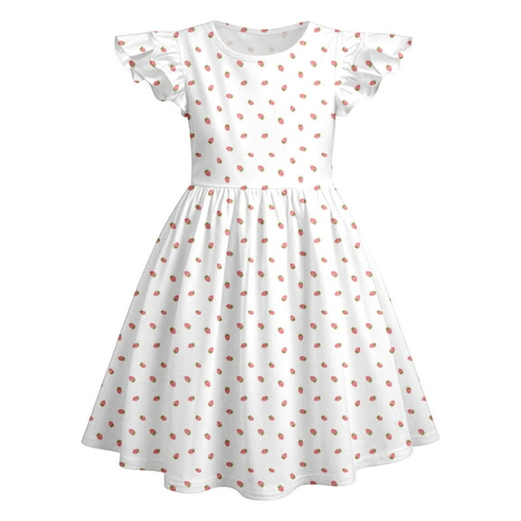 WMQPNNS Girls Dresses Summer Ruffle Sleeve Floral Dresses Smocked Flowy A-Line Cotton Sundresses for Girl Casual Boho Dress for Age 6-7 Years, White