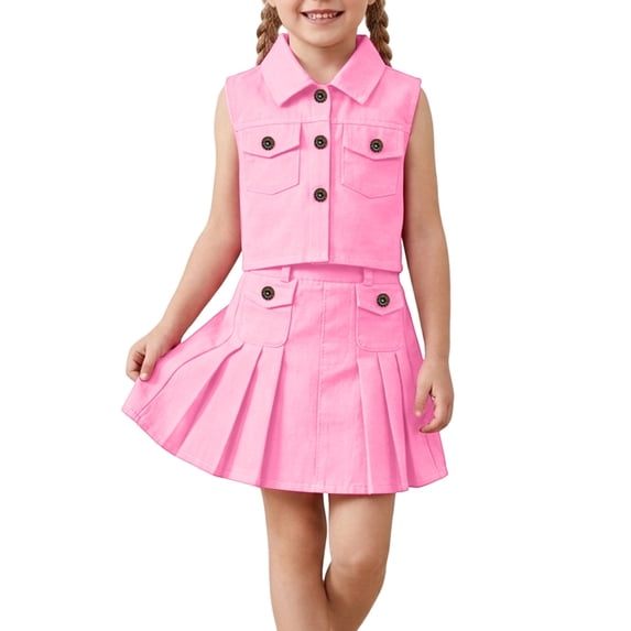 WMQPNNS Girls Fashion Two Piece Cute Outfits Denim Set Sleeveless Button Down Vest and Pleated Mini Skirt Set(Size 3-4 Years, Pink)