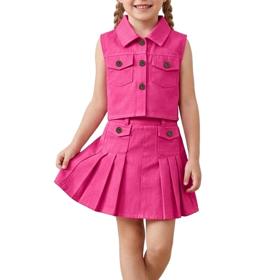 WMQPNNS Girls Fashion Two Piece Cute Outfits Denim Set Sleeveless Button Down Vest and Pleated Mini Skirt Set(Size 6-7 Years, Hot Pink)
