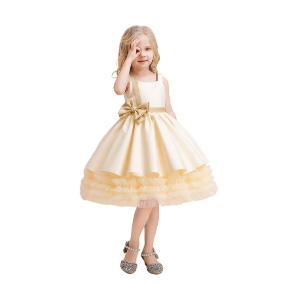 WMQPNNS Girls' Formal Prom Dresses Satin and Tutu Dress Bowknot Wedding Flower Girl Tiered Dress Fancy Ball Gown, Dress for Age 3-4 Years, Beige
