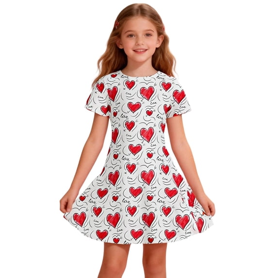 WMQPNNS Girls Heart Printed Dress Dress 5t Short Sleeve Tunic Shirt Mid Dresses Casual Summer Dress Skater Sundress Kids Outfits(Size 2-3 Years,White#2)