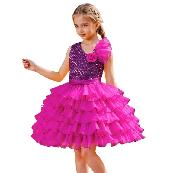 WMQPNNS Girls Pageant Party Dress Purple Dress for Age 3-4 Years Ruffle Flower Girl Dress Cold Shoulder Wedding Ball Gown Sequin Formal Birthday Tutu Dress