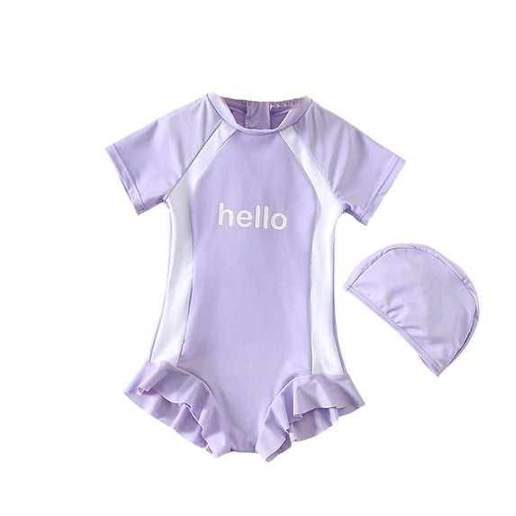 WMQPNNS Girls Rash Guard Swimsuit with Cap Short Sleeve Ruffles Bathing Suit Girls Bathing Suits 7-16 Two Piece Swimwear Set(Size 3-4 Years,Purple)