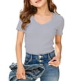 thumbnail image 1 of WMQPNNS Girls Short Sleeve Ribbed Tops Trendy V Neck Casual Fitted Solid Color Tee Shirts Kids Clothes Size 8-9 Years, Light Gray, 1 of 4