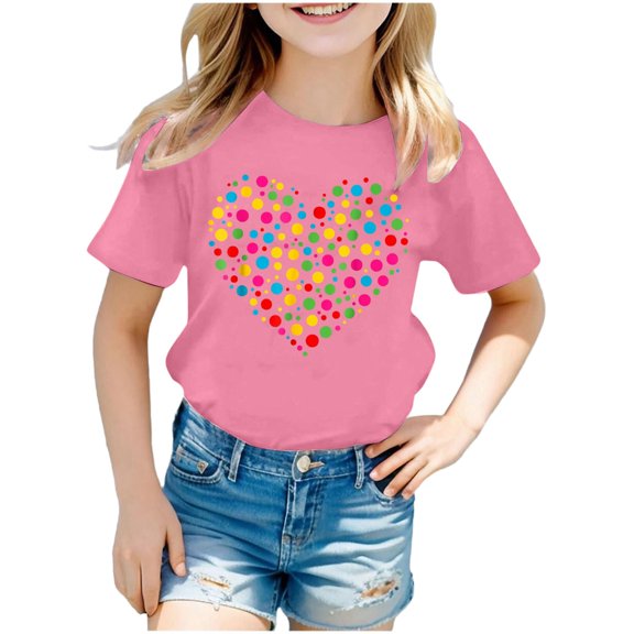 WMQPNNS Girls Short Sleeve T Shirts Girls T Shirts Size 8 Casual Loose Crew Neck Tees Trendy Casual Blouse Heart/Letter Print Summer Cotton Tops, Size 4-5 Years, Pink