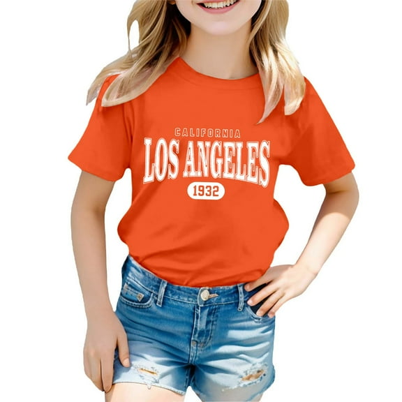 WMQPNNS Girls Short Sleeved Tops Girls Clothes Size 6 Casual Soft Crew Neck T-Shirts Soft Comfy Blouse Cute Print Summer Outfits Shirts, Size 5-6 Years, Orange