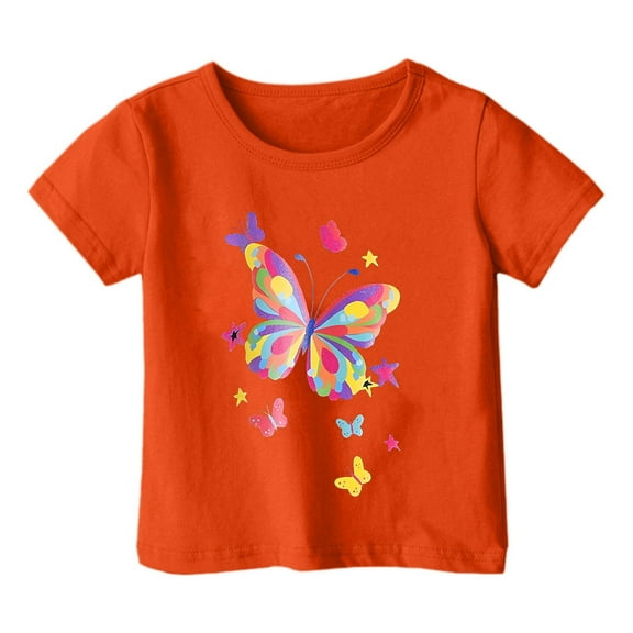 WMQPNNS Girls Short Sleeved Tops Girls Graphic Tees Size 12 Casual Regular Fit Crew Neck T-Shirts Soft Comfy Blouse Cute Print Summer Basic Cotton Clothes, Size 3-4 Years, Orange