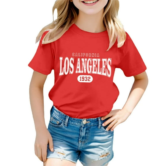WMQPNNS Girls Short Sleeved Tops Girls Graphic Tees Size 7/8 Casual Soft Crew Neck T-Shirts Soft Comfy Blouse Cute Print Summer Outfits Shirts, Size 4-5 Years, Red