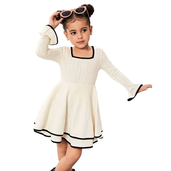 WMQPNNS Girls Square Neck Dress Girls Dresses Size 12 Layered Short Dress Long Sleeve Cute Ruffle A-Line Flowy Short Dress Elegant Casual Dress(Size 13-14 Years , White)