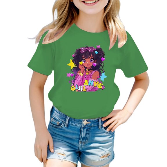 WMQPNNS Girls Summer Tops Casual Short Sleeve Blouse Kids Summer Tops Size 6 Crewneck Cotton Tee Tops Printed Basic Tops Shirts Novelty Printed Tops(Size 7-8 Years, Green-3)