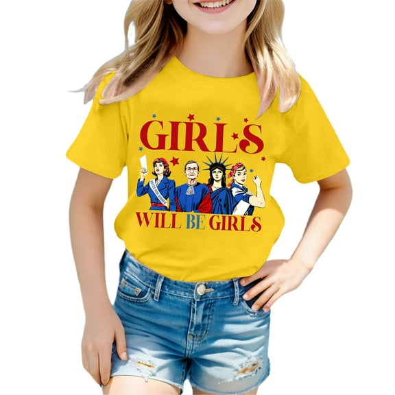 WMQPNNS Girls Summer Tops Casual Short Sleeve T-Shirts Kids Tops Size 8 Crew Neck Cotton Tee Shirt Printed Basic Tee Shirt Cartton Printed Tops(Size 3-4 Years, Yellow-C)