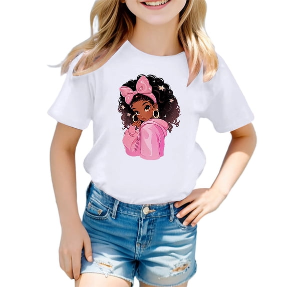 WMQPNNS Girls Summer Tops Fashion Short Sleeve Tops Kids Tops Size 14-16 Classic Crewneck Cotton Tee Tops Printed Basic Tee Shirt Letter Print Tops(Size 5-6 Years, White-2)