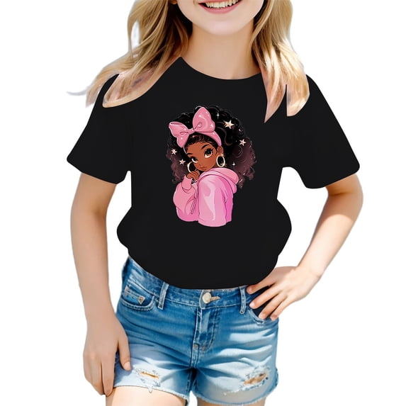 WMQPNNS Girls Summer Tops Fashion Short Sleeve Tops Tops for Kids Size 12 Classic Crewneck Cotton Tee Tops Printed Basic Tee Shirt Letter Print Tops(Size 5-6 Years, Black-2)