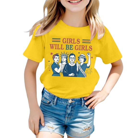 WMQPNNS Girls Summer Tops Tops for Kids Trendy Fashion Short Sleeve Shirts Crew Neck Cotton T Shirt Printed Soft Comfy Tunic Shirt Letter Print Tops(Size 1-2 Years, B-Yellow)