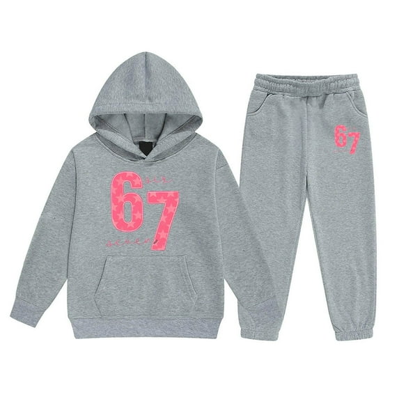 WMQPNNS Girls Sweatsuit Set Size 14, 2 Piece Sets for Girls Printed Hoodie and Soft Sweatpants Casual Outfit Set 2Pcs Fall Winter Outfits, for Age 12-13 Years, Grey