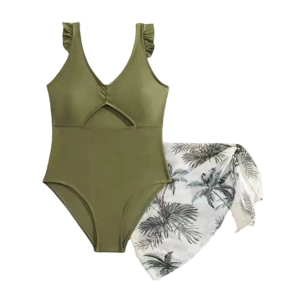 WMQPNNS Girls Swimsuit with Beach Sarong Cover Ups Girls Swimsuit Size 10 Ruffle Cutout Bathing Suit Two Piece Swimwear Set(Size 13-14 Years,1-Army Green)