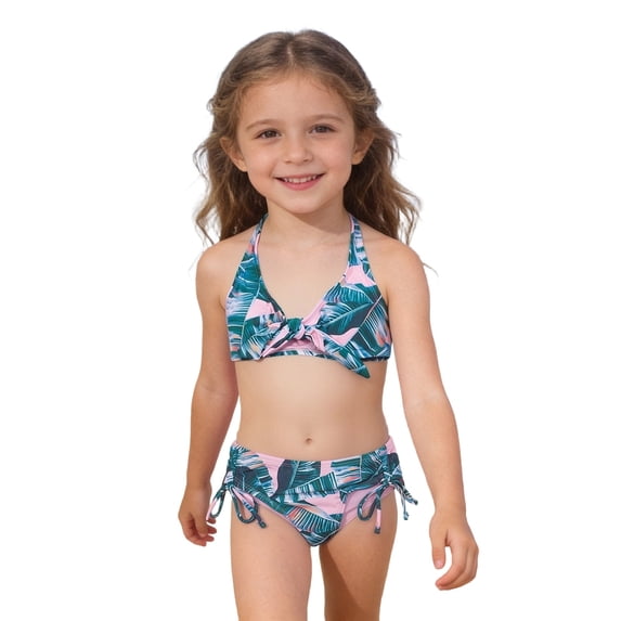 WMQPNNS Girls Two Piece Swimsuit Back Cross Adjustable Staps Bikini Set Bathing Suit Padded Swimwear, Size 7-8 Years, qu3-Green