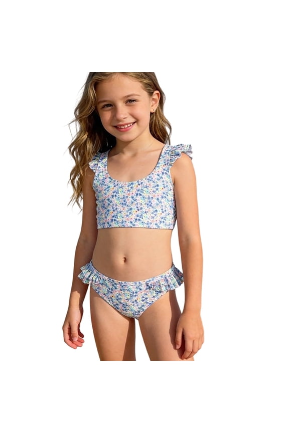 Girls Two Piece Swimsuit Back Cross Ruffle Staps Bikini Set Bathing Suit Kids Swimwear Bikini Set, Size 7-8 Years, bc1-Blue