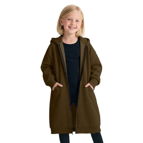 WMQPNNS Girls Zip Up Long Hoodie Jacket Bronze Kid Sweatshirt for Age 8-10 Years Lightweight Zippers Tunic Sweatshirt Fall Cardigan Oversized Outwear