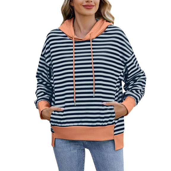 WMQPNNS Hoodie for Women Fall Fashion 2025 Long Sleeve Striped Pullover Tops Drawstring Hood Casual Loose Sweatshirt with Pockets, Color Sky Blue, Size M